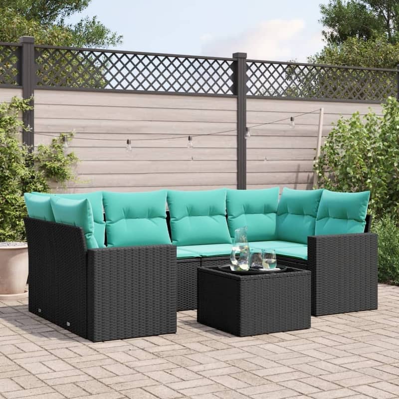 vidaXL 7 Piece Patio Sofa Set with Cushions Black Poly Rattan - 24.4" x 24.4" x 27.2" - Black and blue