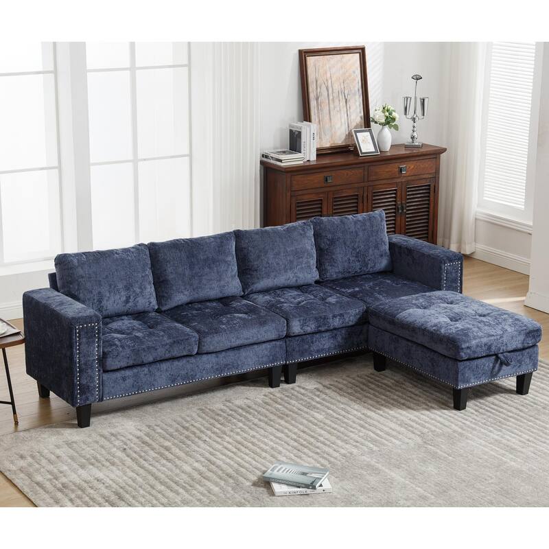 Contemporary Modular Sectional Sofa with Chenille Upholstery and Storage Ottoman for Living Room or Guest Room - Blue