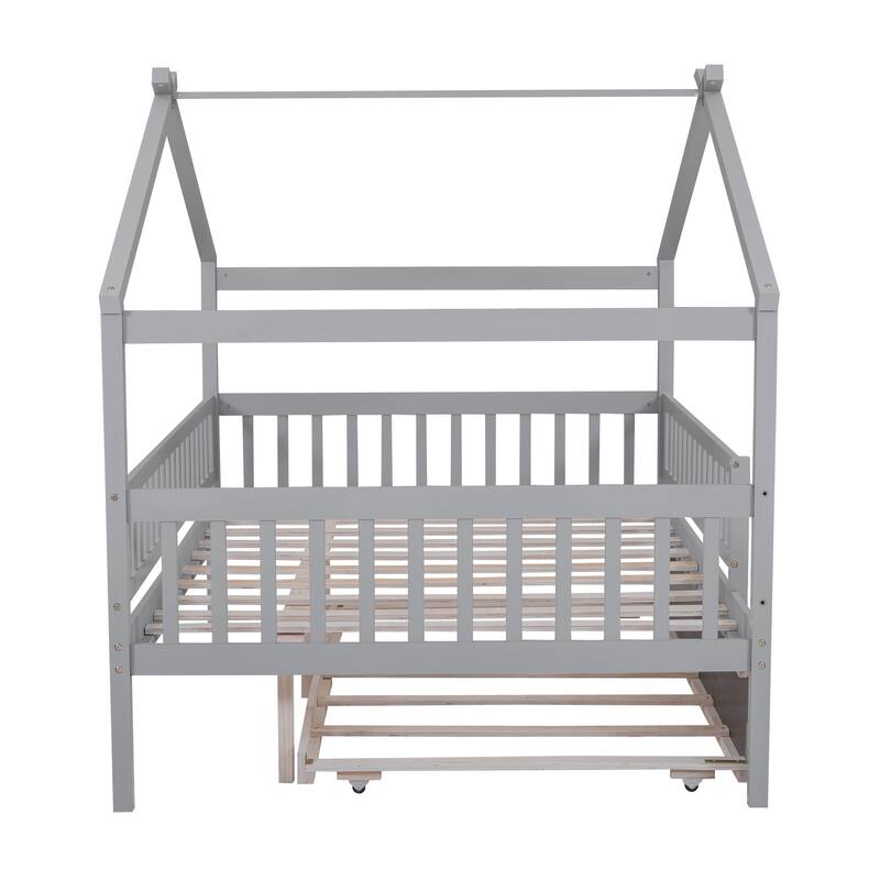 Pine House Bed with Trundle, Guardrail & Roof