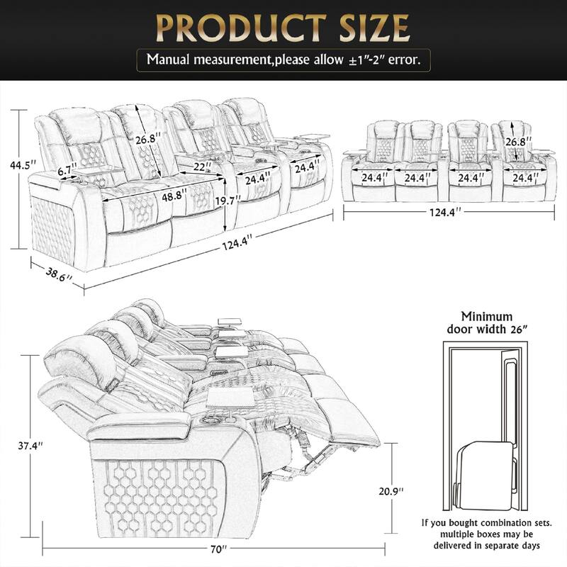 Roomfitters 124.4" Power Recliner 4-Piece Set, Top-Grain Nappa Leather, 23-Color RGB LED & USB-C Charging, Black