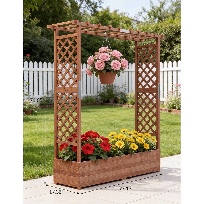 Raised Wooden Planter Box, with Trellis and Drainage Holes