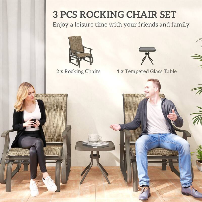 Three Piece Outdoor Gliding Patio Set with Two Chairs and Square Tea Table Powder Coated Steel and Mesh Fabric
