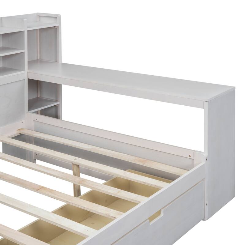 Wooden sofa bed with two storage drawers and desk