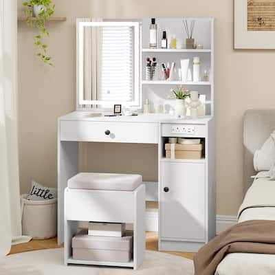 White Vanity Table with Lighted Mirror and Cushioned Stool Drawer Cabinet and Charging Station - 35.5" x 16" x 53.5"