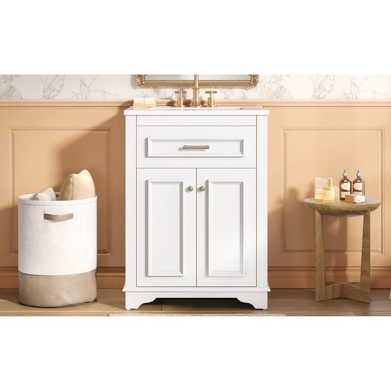 Roomfitters 24 Inch Bathroom Vanity with Integrated Ceramic Sink, Storage Cabinet & Tilt-Down Compartment