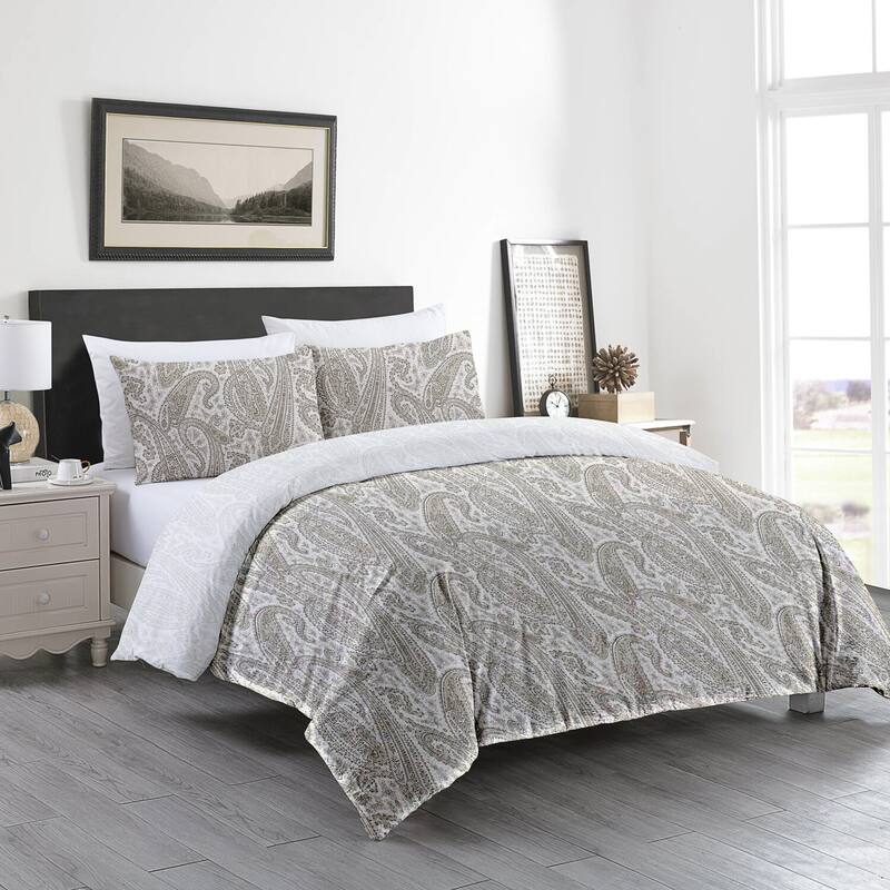 Delara GOTS Certified 100% Organic Cotton Damask Reversible Print Duvet Cover and Sham Set of 2