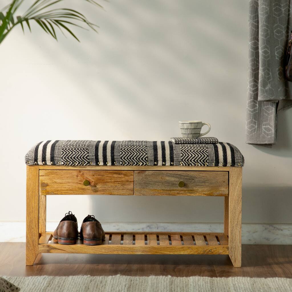 Upholstered Entryway Storage Bench, Solid Wood, 2-Drawers, 1-Shelf - 14" H x 34" W x 18" D