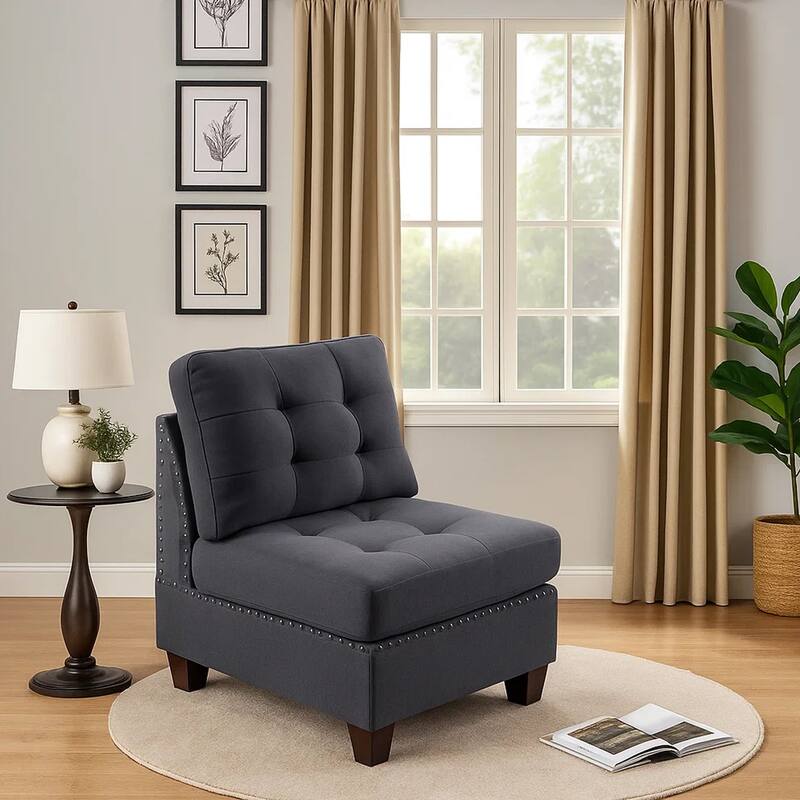 Lemy 32 Inch Modular Armless Sofa Chair, Tufted Gray Upholstery, Solid Wood