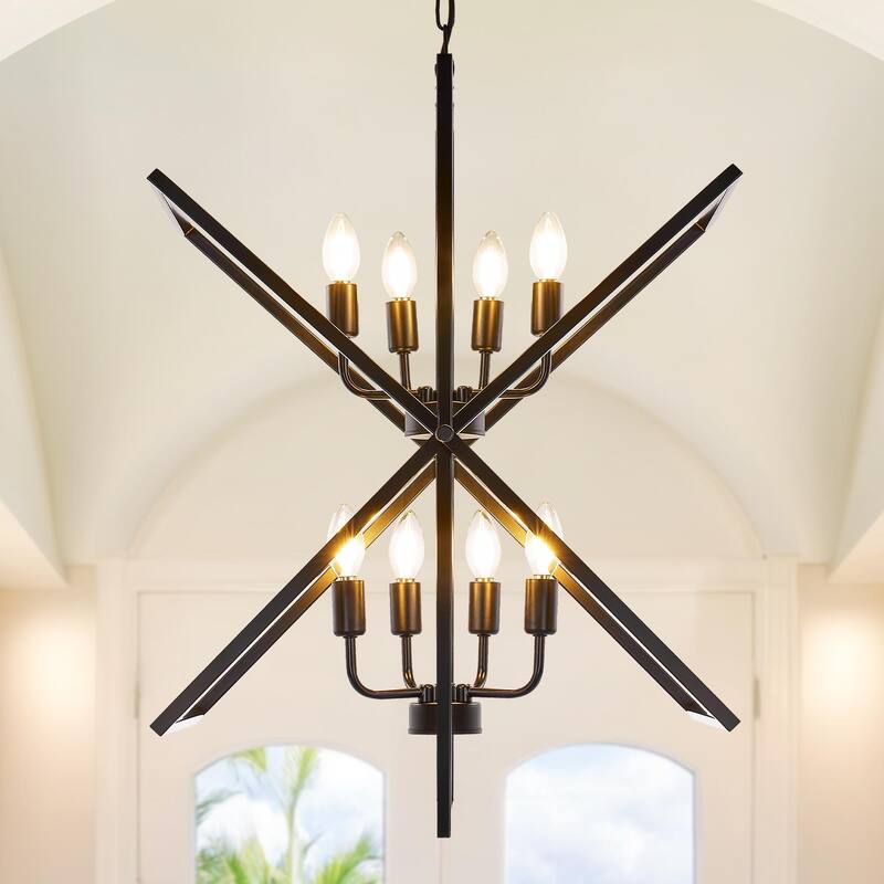 8-light Farmhouse Rustic Chandelier, Rotation Chandelier Fixture - 24 Inch - Black