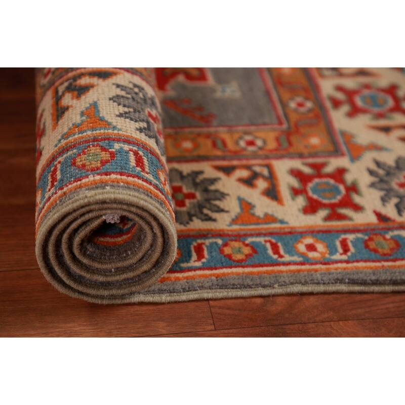 Geometric Grey Kazak Foyer Rug Hand-Knotted Oriental Wool Carpet - 2'8"x 4'0"
