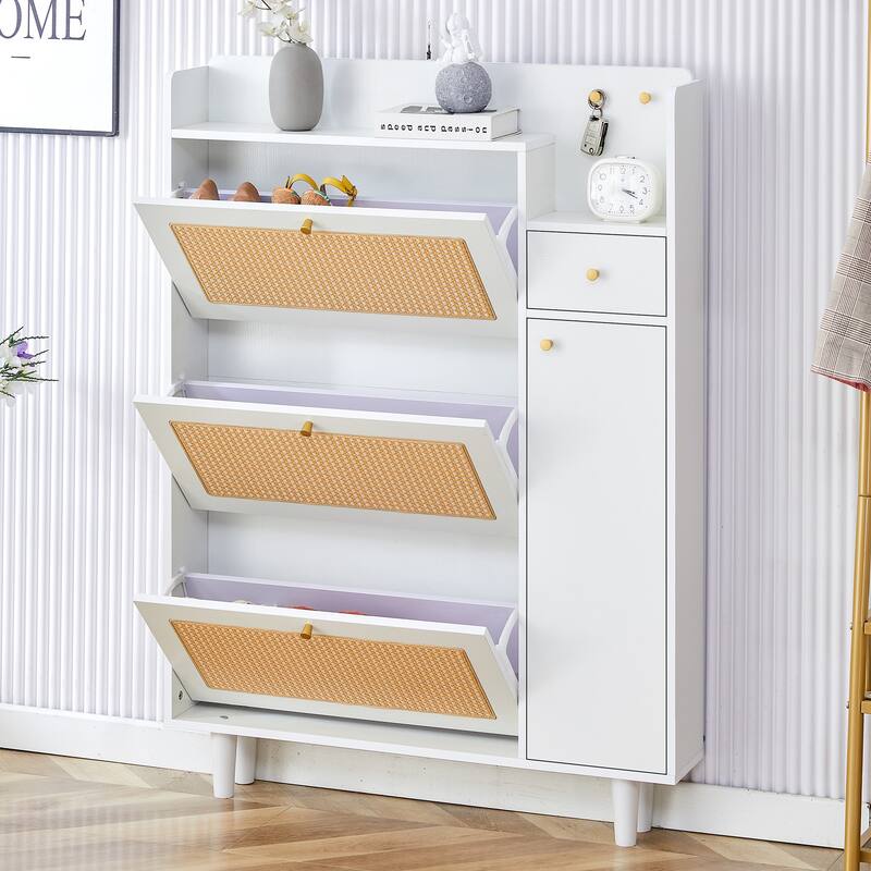 Shoe Cabinet with Rattan Doors, Entryway Slim Rattan Shoe Storage Cabinet with Flip Down Drawers & Shelves