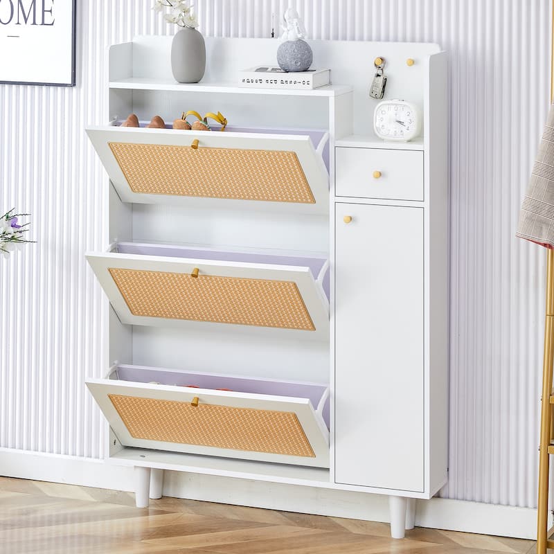 Stylish MDF Rattan Bed Top Cabinet, Shoe Rack Storage Cabinet for Bedroom, Hallway, Entryway with Retro Aesthetic