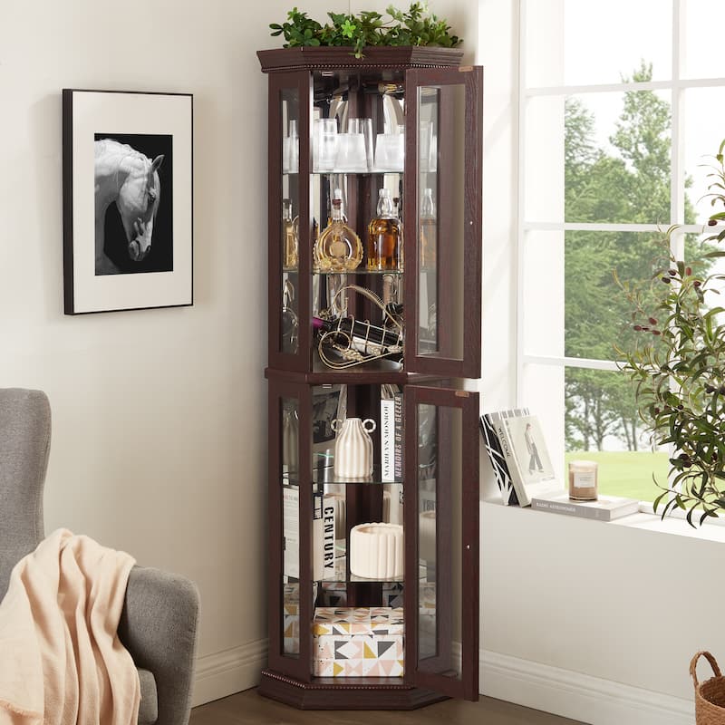 Lighted Corner Curio Cabinet, Floor Standing Glass Display Cabinet, China Cabinet with Tempered Glass Doors & Adjustable Shelve