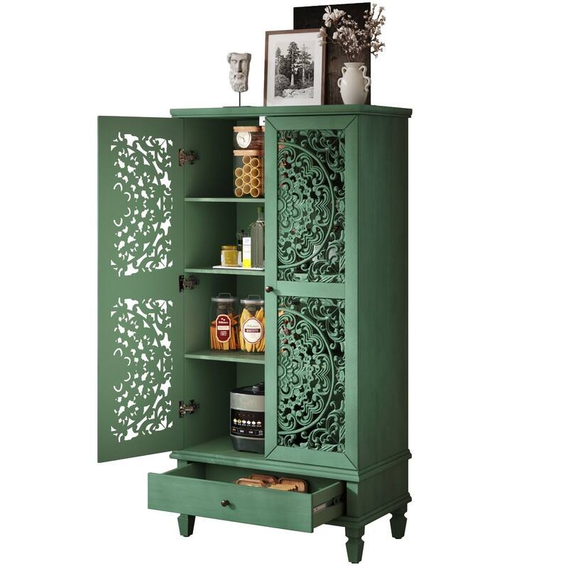 Rustic 55" Tall Storage Cabinet with Drawer, Decorative Carved Wood Accent for Living Room or Dining Area