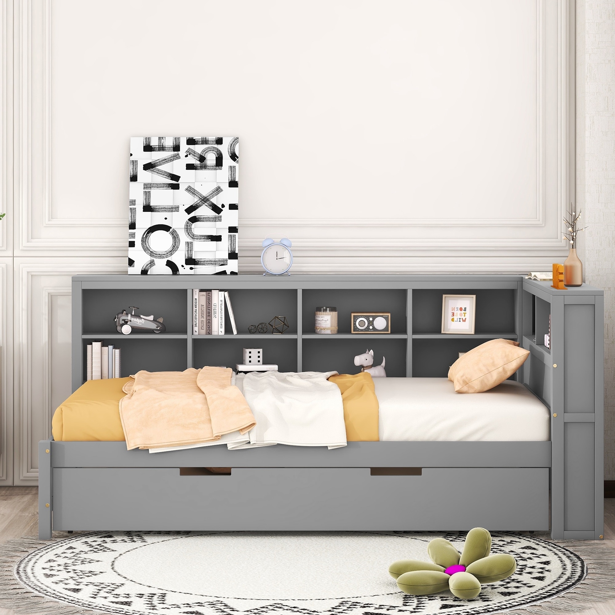Twin Bookcase Bed Daybed Bed Frame with 12 Storage Shelf and Twin