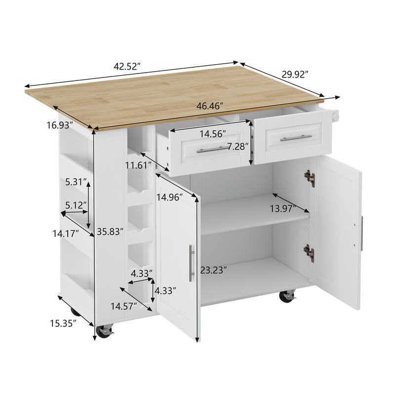 White Kitchen Island Cart with Wine Rack, 2 Cabinets, 2 Drawers, Spice & Towel Racks, Foldable Rubberwood Top, Rolling Cart