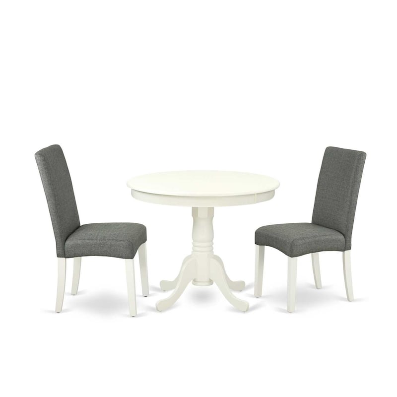 Round Dining Table Set 36 Inch - 3Pc Table & 2 Parsons Chairs - Linen White Legs - Gray Fabric
