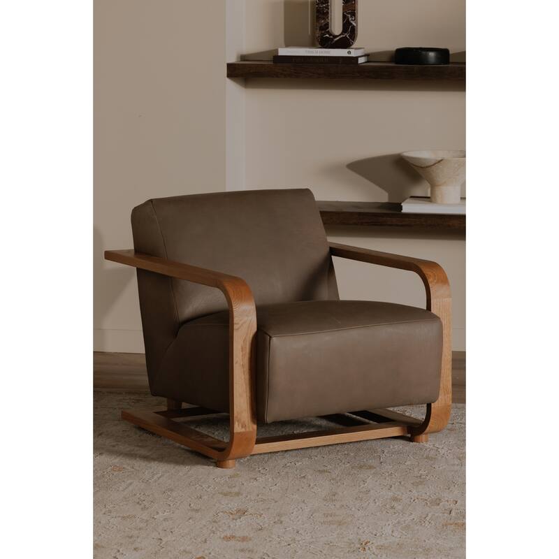 NADAAL STUDIOS Joseph Lounge Chair, Solid Oak Frame with Top Grain Leather and Foam Cushioning, Cool Brown