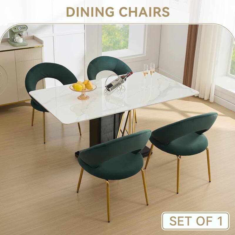 Set of 1 Velvet Dining Chair with Curved Backrest and Gold Metal Legs