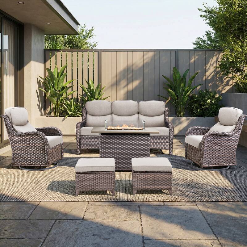 Pocassy Outdoor Fire Pit Sofa Swivel Chairs Conversation Set - Brown Wicker Beige Cushion - 6-Piece Sofa Swivel Chair Ottoman w/ Fie Table