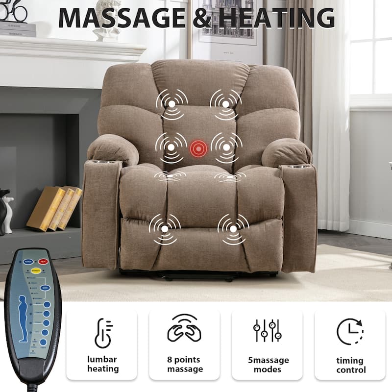 Power Lift Recliner Chair With Electric Massage And Heat For Elderly With 2 Cup Holders - Light Brown