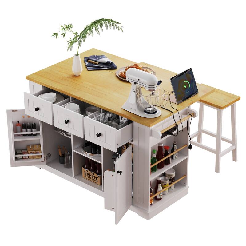 53.14'' Kitchen Island with 2 Bar Stools, Power Outlet,Door Internal Storage Rack, Drop Leaf, 5 Open Side Racks, 3 Drawers