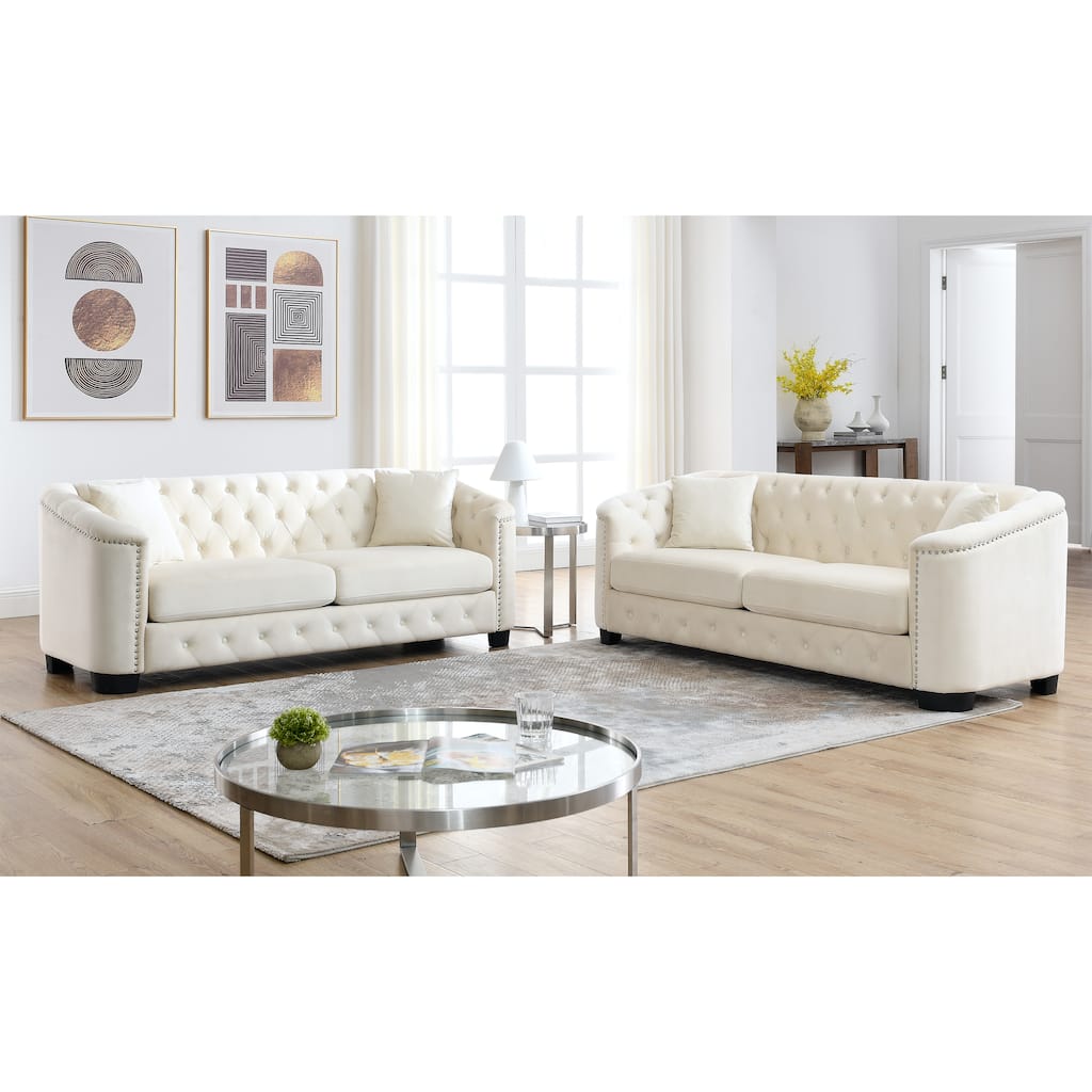 Luxury Velvet Sofa Set: 3-Seater + 3-Seater with Decorative Nailhead Accents - Ideal for Family Spaces