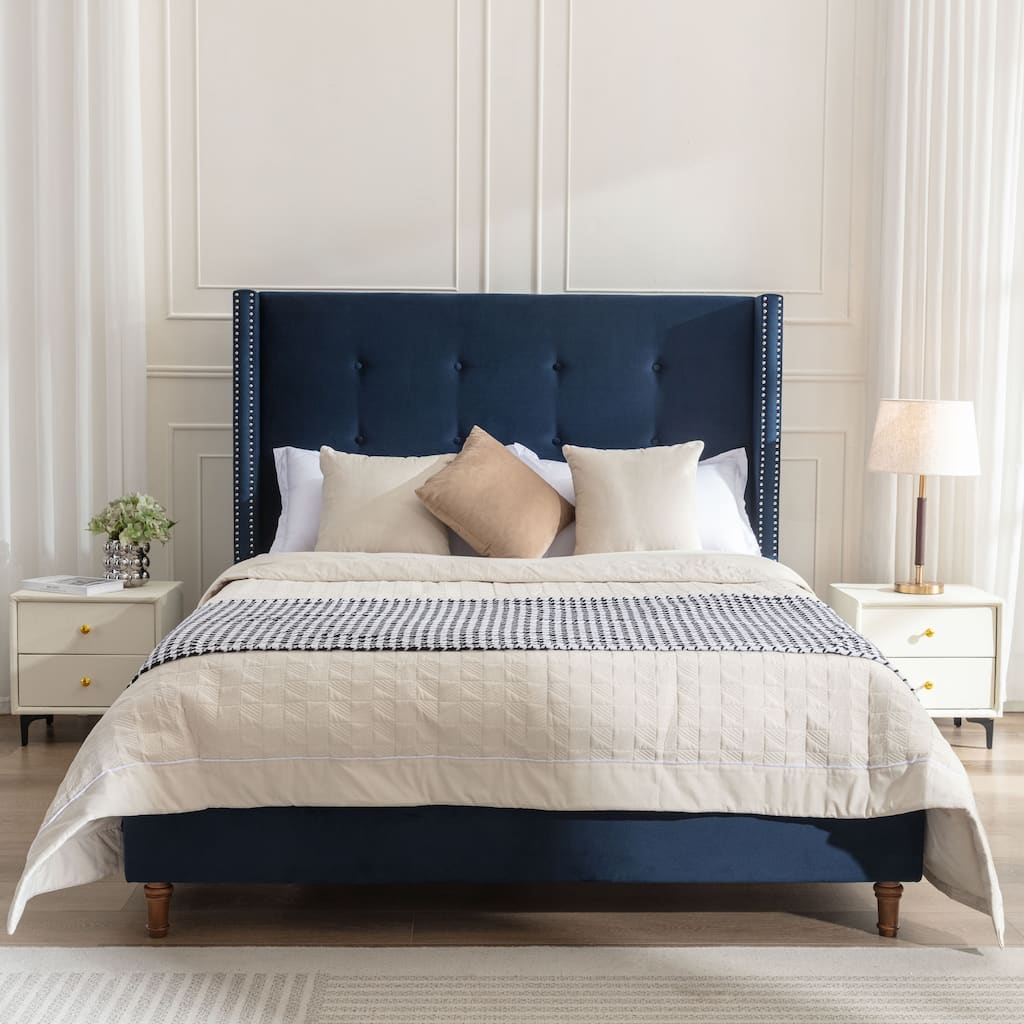 Upholstered Queen Bed,54" High Headboard,Hand Buttoned Tufting,Nailhead Trim Wingback,No Box Spring Needed,Velvet