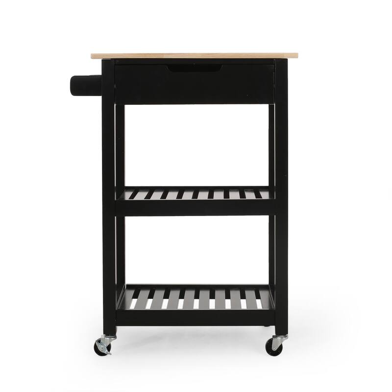 Compact Kitchen Cart with Rubberwood Top, 1 Drawer, 2 Shelves & Towel Holder - Rolling Casters, Modern Style