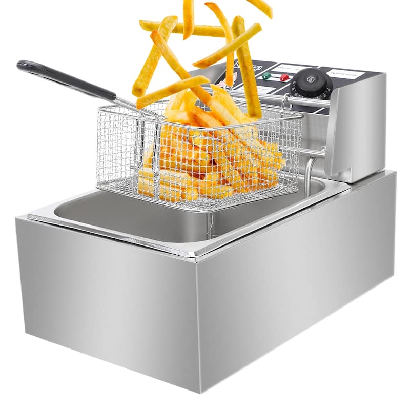 6.3QT/12.7QT Stainless Steel Single/Double Cylinder Electric Fryer Tabletop Restaurant Frying Basket(2500W/5000W)