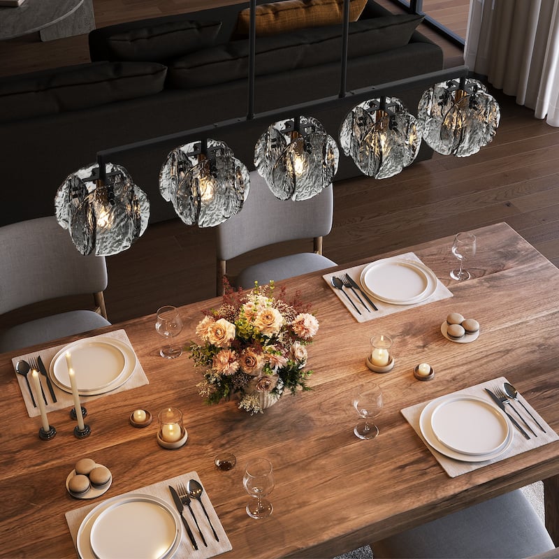 5-Light Linear Chandelier with Hand-Blown Smoke Gray Glass Shades - Smoky Gray