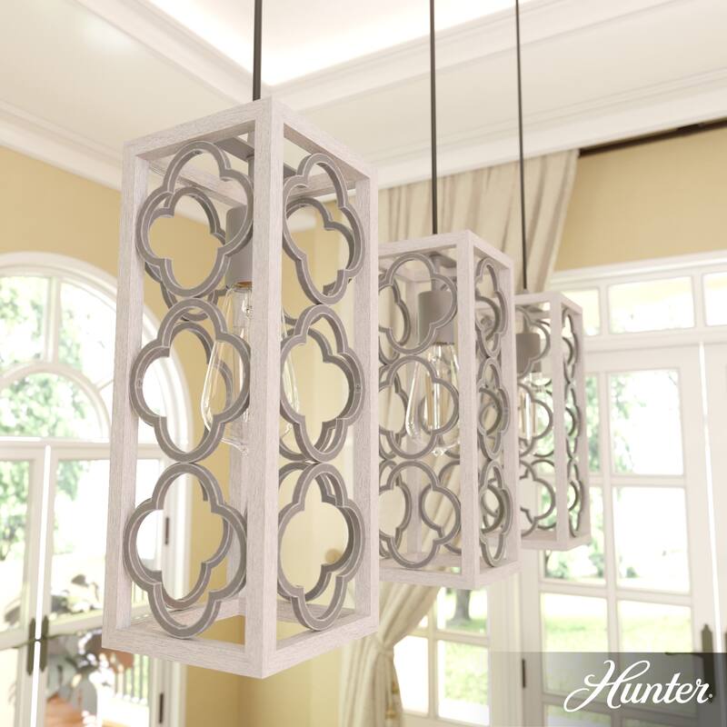 Hunter Gablecrest 3-Light Linear Cluster Ceiling Light - Kitchen Island, Dining Room - Farmhouse, French Country, Distressed - Distressed White-Painted Concrete