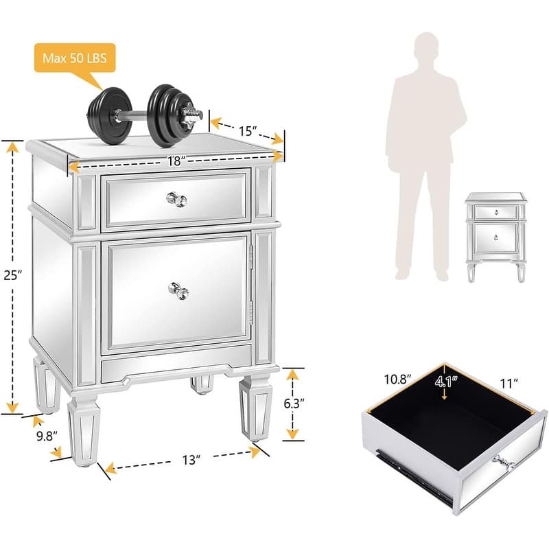 Silver Mirrored Nightstand with 1-Drawers & 1 Side Doors