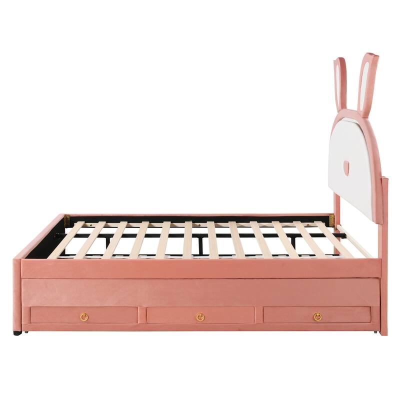 Upholstered platform bed with headboard with shelves and drawers