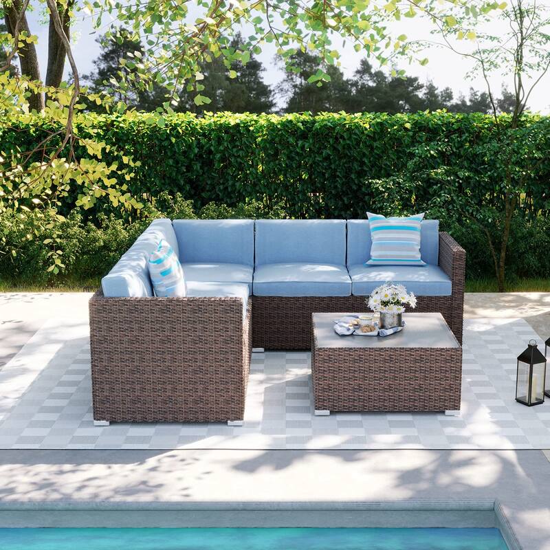 4-Piece Patio Conversation Set Patio Furniture Set With Thick Cushions,Outdoor Sectional Sofa Outdoor Wicker Sofa W Coffee Table