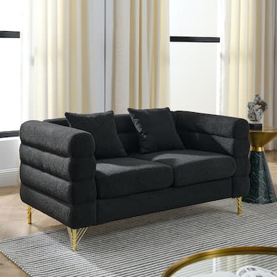 60Inch Oversized 2 Seater Sectional Sofa, Black Teddy, with 2 Pillows