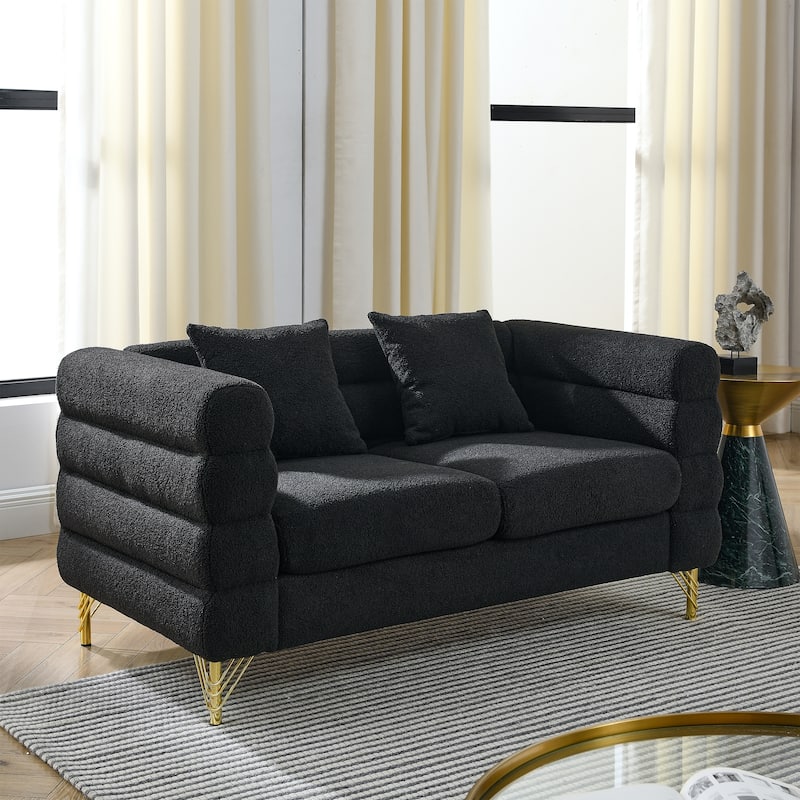Modern 60" Loveseat Sofa with 2 Lumbar Pillows and Fashionable Golden Metal Legs - Black