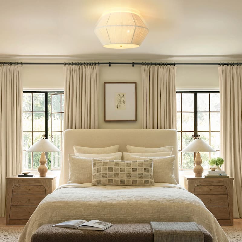 17.7" 3-Light Farmhouse Rustic Brass Ivory Rope Drum Flush Mount Ceiling Light - 17.7 in. Dia x 10.6 in. H