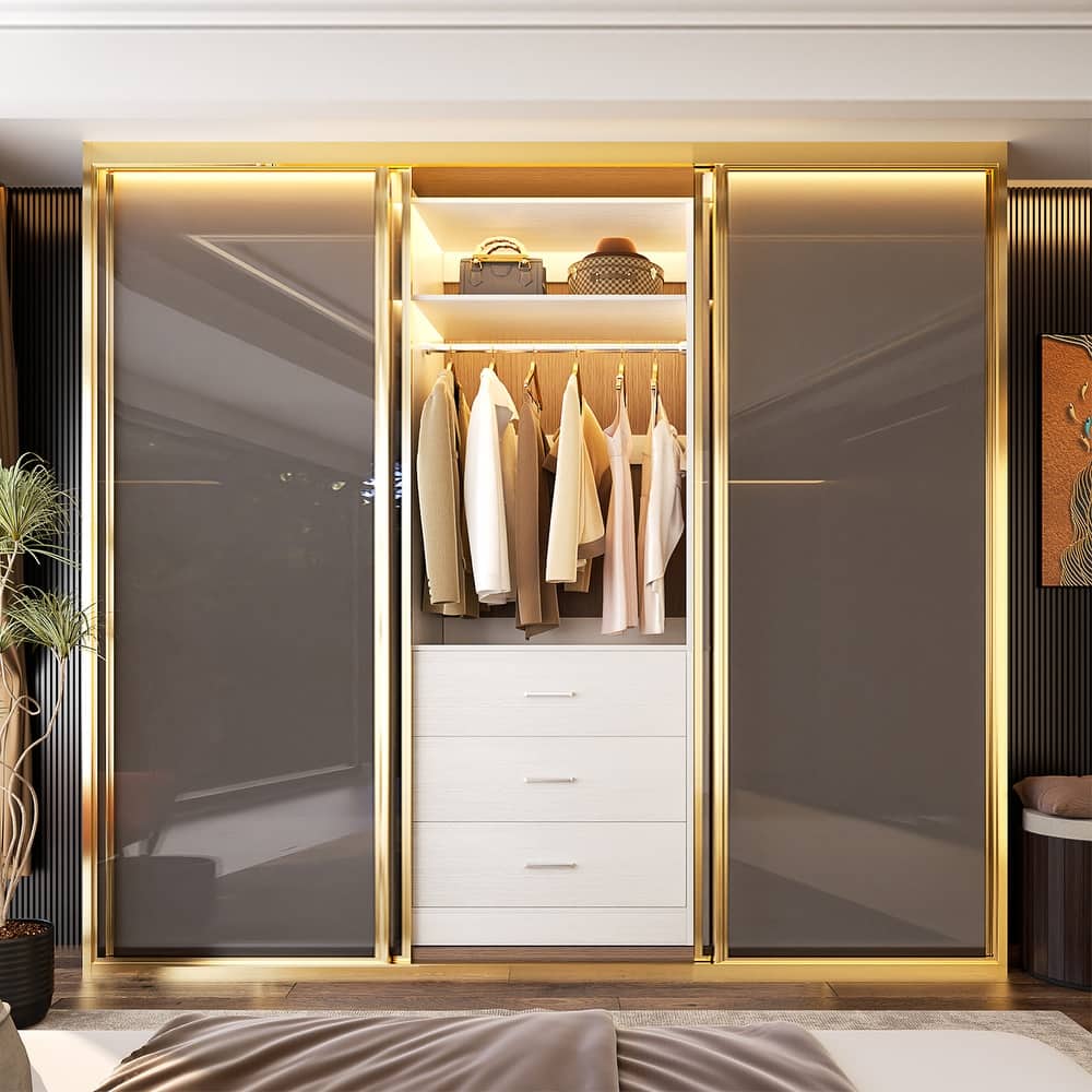 Kyrvo Freestanding Closet System with 3 Wooden Drawers and Hanging Rod and Storage Shelf, Walk-in Closet Organizer Wardrobe