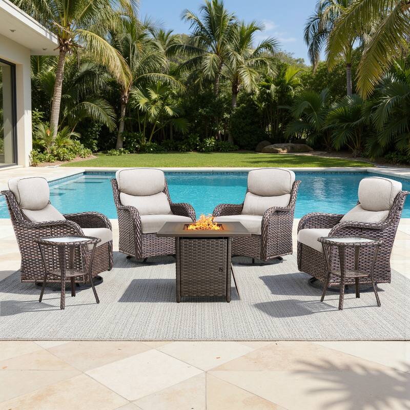 Meyreso 7-Piece Outdoor Patio Wicker Fire Pit 4 person Conversation Set with 5-Inch Thick Cushions
