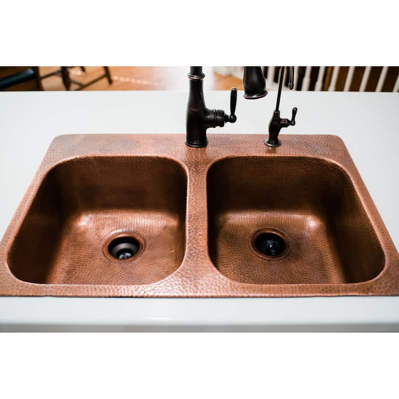 Santi Copper 33" Double Bowl Drop-In Kitchen Sink with 1 Hole
