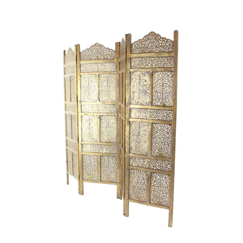 Wooden Floral Handmade Foldable 4 Panel Room Divider Screen with Foiled Intricately Carved Designs - Gold - Roche River Decor
