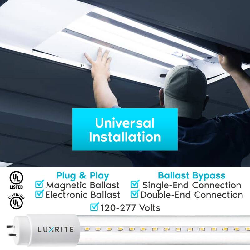 Luxrite 12-Pack 4FT T8 LED Tube Light Ballast and Ballast Bypass 13W=32W Single-End or Double-End Damp Rated UL Listed
