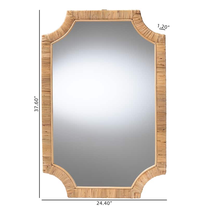 Thiago Natural Rattan Wall Mirror - Handwoven Wicker Rectangle Mirror with Scalloped Corners, Coastal Boho Wall Décor - Honey