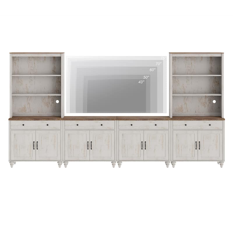 Rustic White Farmhouse TV Stand with Wooden Doors & Drawers