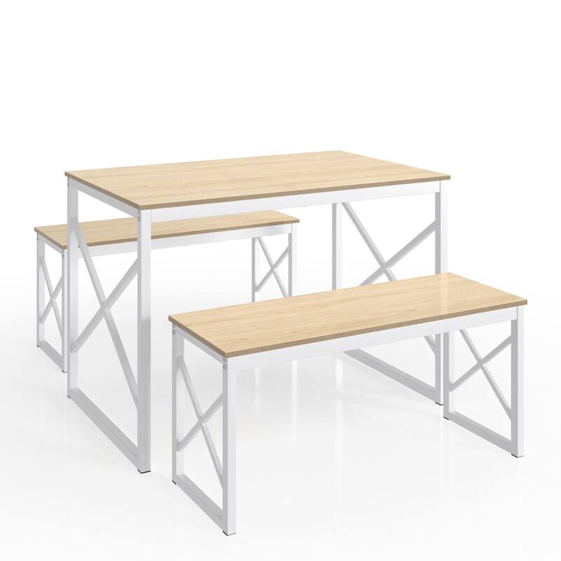 44.3" Dining Table with Benches Kitchen Table set for 4 Rectangular Dining Room Table Set with 2 Metal Wood Benches