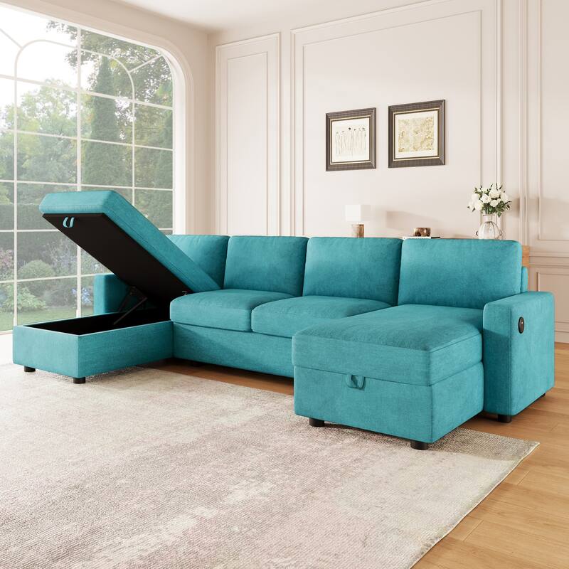 103.9" Sectional Sofa Convertible Sectional Sofa, U-shaped Sofa with Two Storage Chaise Lounges and Four USB Ports - Teal