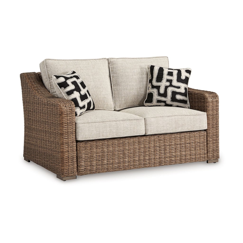 Tira Outdoor Loveseat, 57 Inch Handwoven Resin Wicker, Beige, Pillows