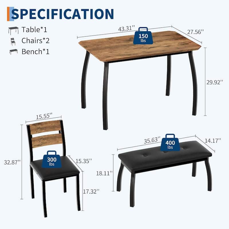 Kitchen Dining Table Set with 2 Classic Dinner Chairs and Upholstered Bench