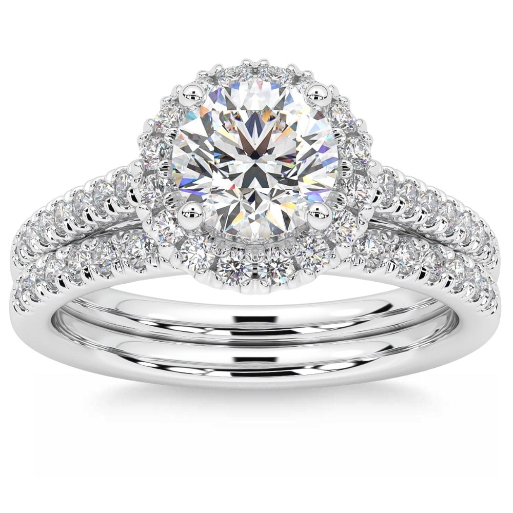Bliss Diamond F/VS 1.50Ct Halo Diamond Engagement Wedding Ring Set Gold Lab Grown